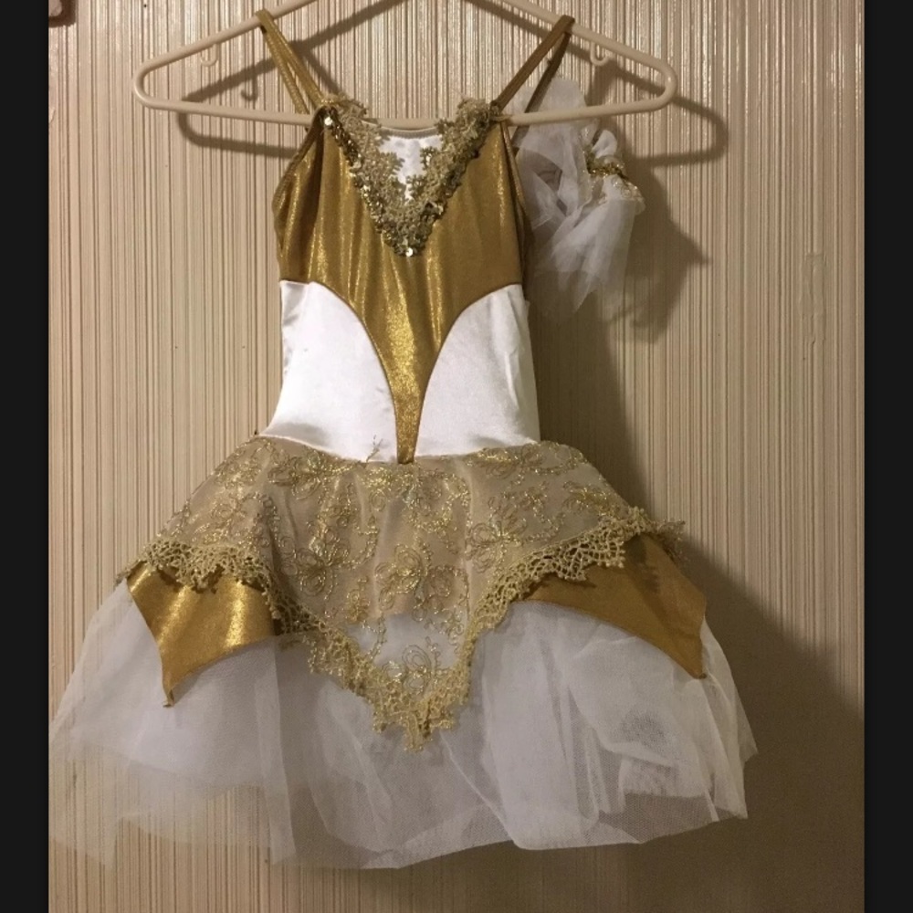 Gold and white dress and headpiece